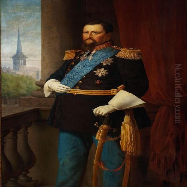 A Portrait Of Kingfrederik Vii 
Standing On A Balcony, In The Background A View Ofborsen In Copenhagen Oil Painting by Frederik Ludwig Storch