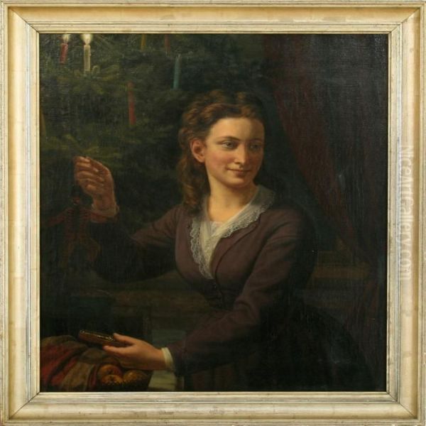 A Young Woman Decorating The Christmas Tree Oil Painting by Frederik Ludwig Storch