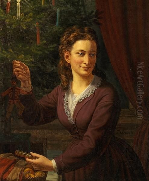 Young Woman Decorating The Christmas Tree Oil Painting by Frederik Ludwig Storch