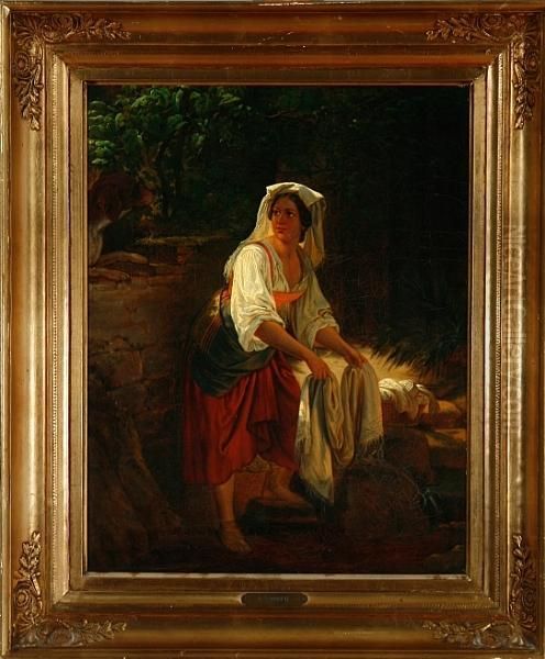 An Italian Woman Is Washing Clothes In A River Oil Painting by Frederik Ludwig Storch