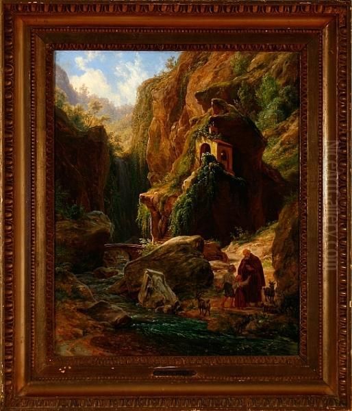 A Southern European Mountain Scenery Oil Painting by Frederik Ludwig Storch