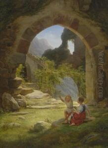 Zwei Spielende Kinder In
 Ruinenlandschaft. Oil Painting by Frederik Ludwig Storch