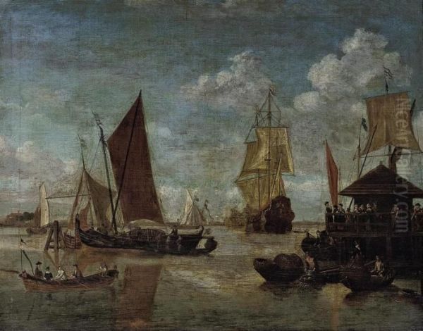 A Dutch Man-o'war Leaving Port 
On A Calm Day With Fishermenunloading Their Pots In The Foreground Oil Painting by Jacobus Storck