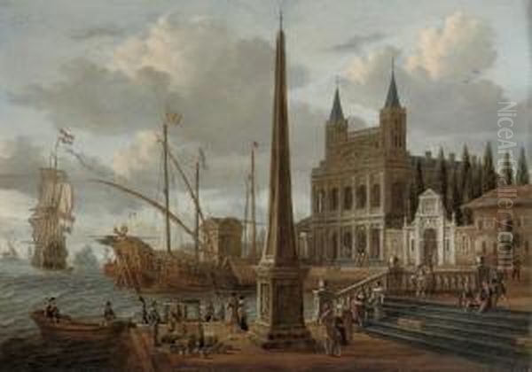 A Meditteranean Harbour Scene With The Facade Of The Basilica Disan Giovanni In Laterano Oil Painting by Jacobus Storck