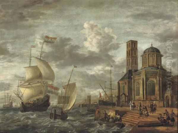 A 'capriccio' View Of A Harbour With Shipping Near A Large Church Oil Painting by Jacobus Storck