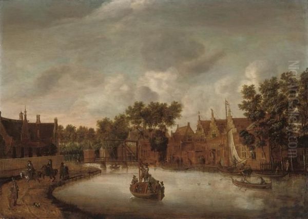 A View Of The Overtoom, Amsterdam, Figures On The Embankment Oil Painting by Jacobus Storck