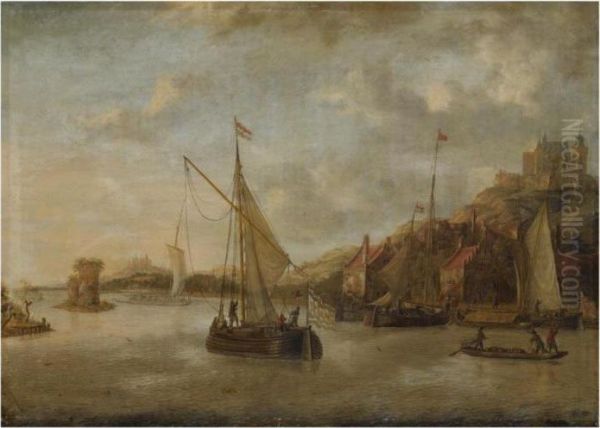 A Dutch Harbour Scene With 
Sailing Vessels And Other Shipping Nearthe Coast, With Numerous Figures 
On The Quayside, A View Of Acastle Beyond Oil Painting by Jacobus Storck