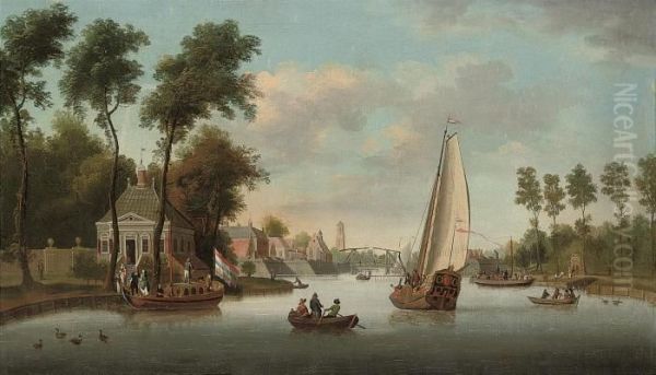 A River Landscape With Shipping By A Customs House On The Outskirtsof A Town Oil Painting by Jacobus Storck