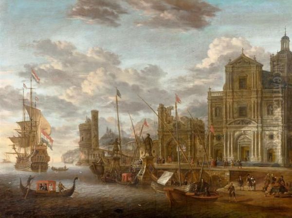 Mediterranean Harbour View With Architecture. Oil Painting by Jacobus Storck