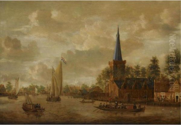 A View Of A Church Along A River With Ferries And Other Sailing Boats Oil Painting by Jacobus Storck