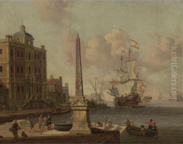 A Capriccio Of A Mediterranean 
Harbour, With Figures Conversing On The Waterfront, A Palazzo Beyond Oil Painting by Jacobus Storck