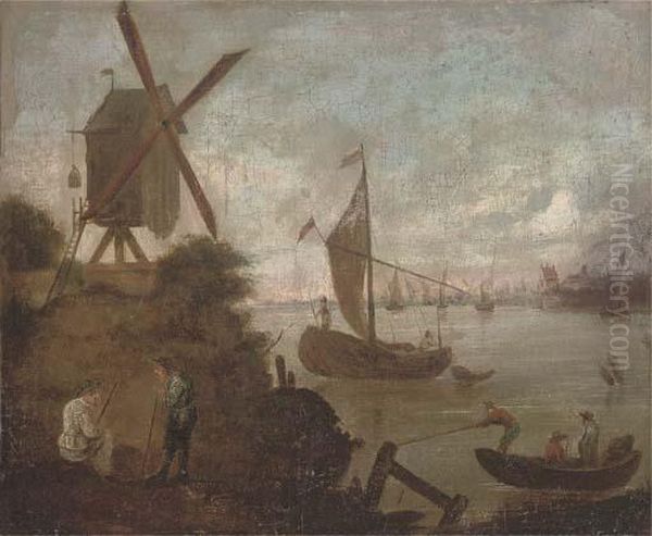 A River Landscape With Figures And Boats Oil Painting by Jacobus Storck