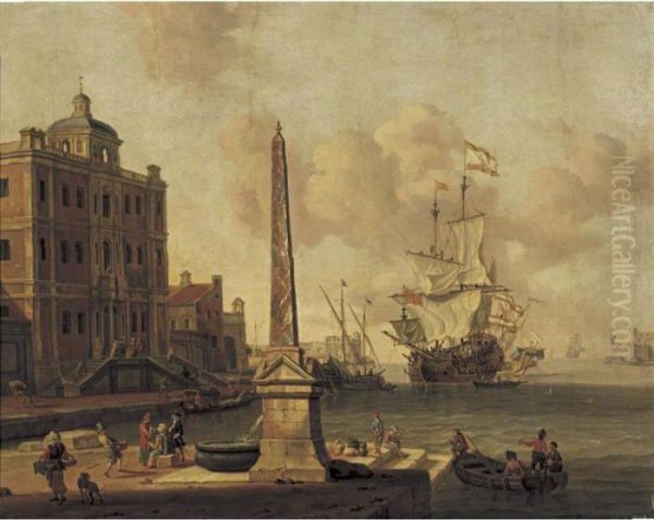 A Capriccio Of A Mediterranean 
Harbour Scene, With Figures Conversing On The Waterfront, A Palazzo 
Beyond Oil Painting by Jacobus Storck