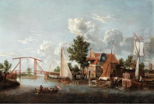 A Dutch River Landscape With Three Ships And A Boat Oil Painting by Jacobus Storck