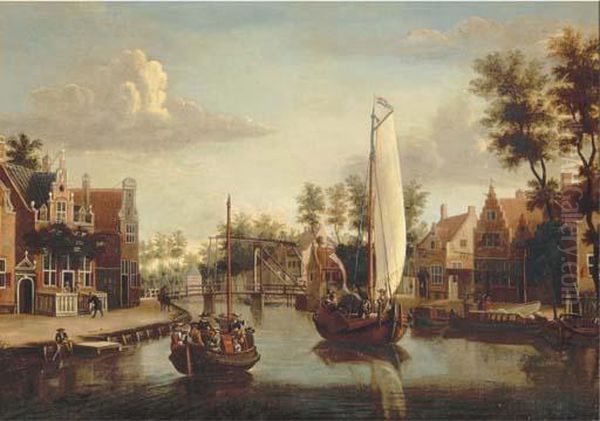 A View Of Maarsen, With A Ferry And A Saling Boat On The Rivervecht Oil Painting by Jacobus Storck