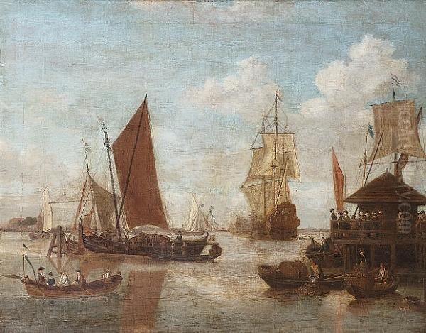 Figures On A Quayside With A Dutch Man O'war, Pinks And Other Vessels On An Estuary Oil Painting by Jacobus Storck