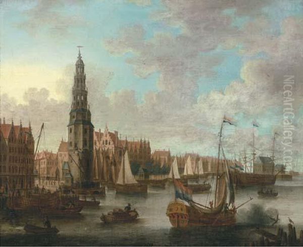 A View Of The Ij, Amsterdam With The Haringpakkerstoren Oil Painting by Jacobus Storck