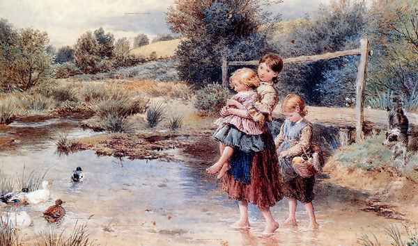 Children Paddling In A Stream Oil Painting by Myles Birket Foster