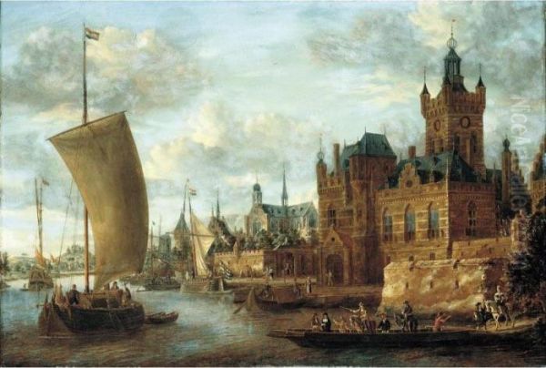 A River Landscape With Figures In A Ferry Before An Imaginary Town Oil Painting by Jacobus Storck