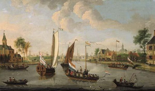 Yachts On The Buiten Amstel, 
Amsterdam, With The Spires Of The Zuider- And Oude Kerk Beyond Oil Painting by Jacobus Storck