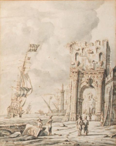 A Mediterranean Harbour Scene With Figures By A Gate, A Dutch Mano'war Nearby Oil Painting by Jacobus Storck