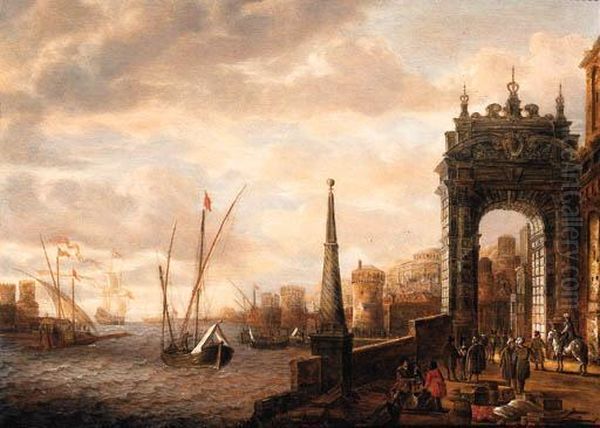 A Capriccio Of A Mediterranean 
Harbour With Merchants Andtravellers On A Quay By A Gate, Galleys And 
Other Shippingbeyond Oil Painting by Jacobus Storck