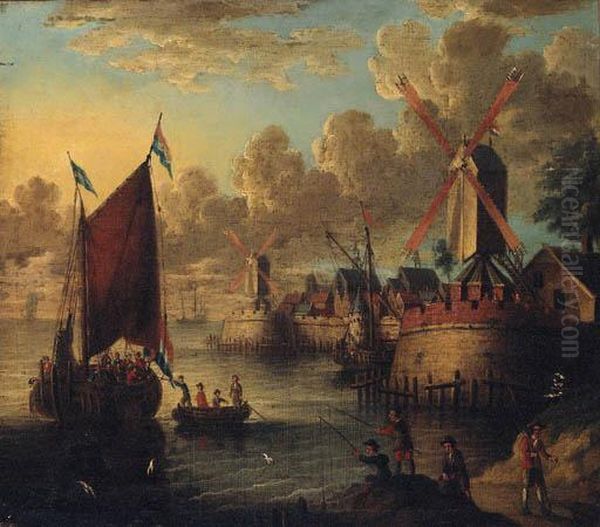 Figures Boarding A Smalschip In A Port With Fishermen On Theshore Oil Painting by Jacobus Storck