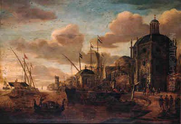 A Capriccio Of A Mediterranean 
Harbour With Moored Vessels By Aquay, A Galley At Anchor Beyond Oil Painting by Jacobus Storck