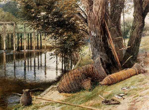 Eel Pots, On The Banks Of A River Oil Painting by Myles Birket Foster