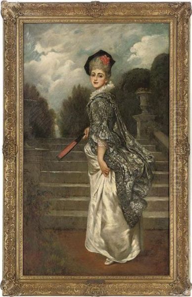 Portrait Of An Elegant Lady, 
Full-length, In A White And Blue Silk Dress, Holding A Fan, In A Garden Oil Painting by George Adolphus Storey