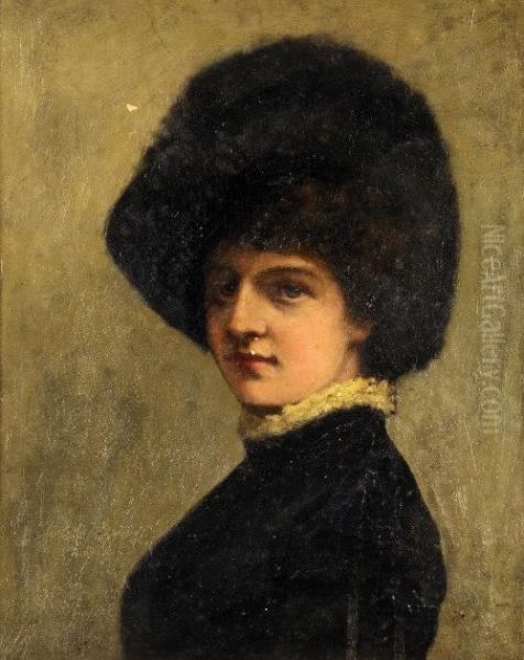 Evelyn, Head And Shoulders Wearing A Black Fur Hat And Lacecollar Oil Painting by George Adolphus Storey