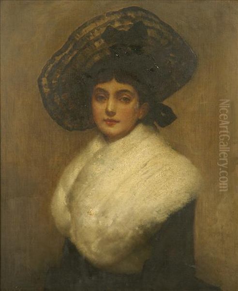 Portrait Ofa Lady, Half Length, Wearing Lace Trimmed Hat And Fur Cape Oil Painting by George Adolphus Storey