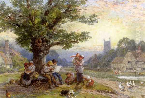 Figures And Children Beneath A Tree In A Village Oil Painting by Myles Birket Foster