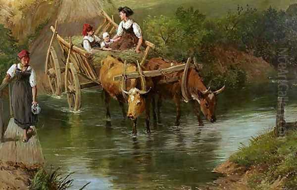 Crossing the Ford Oil Painting by Myles Birket Foster