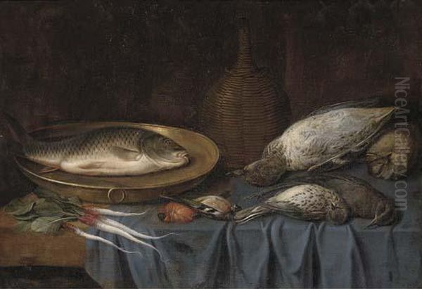 Dead Birds, A Fish On A Copper 
Platter, A Bottle Of Wine And Rootvegetables On A Draped Table Oil Painting by Sebastien Stoskopff