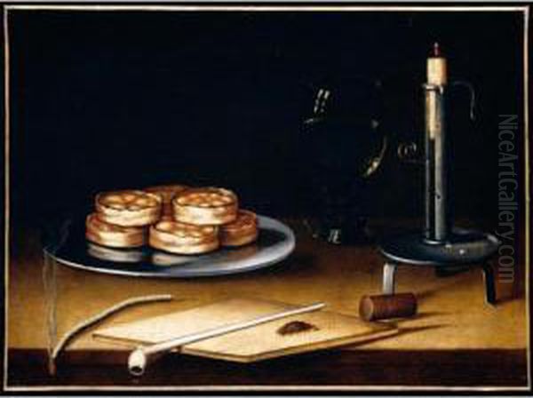 Still Life With Pies On A Pewter
 Plate, A Roemer, A Candle, A Pipe And A Roll Of Tobacco, All Upon A 
Wooden Table Oil Painting by Sebastien Stoskopff