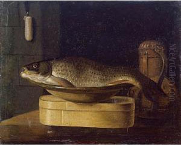 Still Life Of A Carp In A Bowl Placed On A Wooden Box, All Resting On A Table Oil Painting by Sebastien Stoskopff