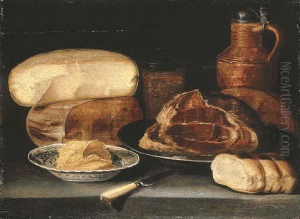 A Ham On A Pewter Dish, A Cheesestack, A Jug, A Glass Oil Painting by Sebastien Stoskopff