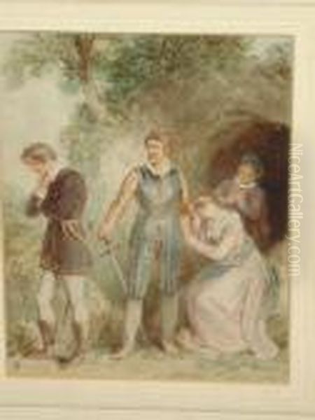 Gentlemen And A Young Maiden By A Tree Oil Painting by Thomas Stothard