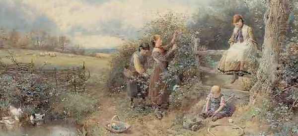 Blackberry Gathers Oil Painting by Myles Birket Foster