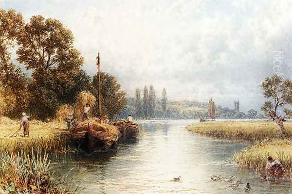 Loading The Hay Barges, With A Young Woman Taking Water From The River In The Foreground Oil Painting by Myles Birket Foster