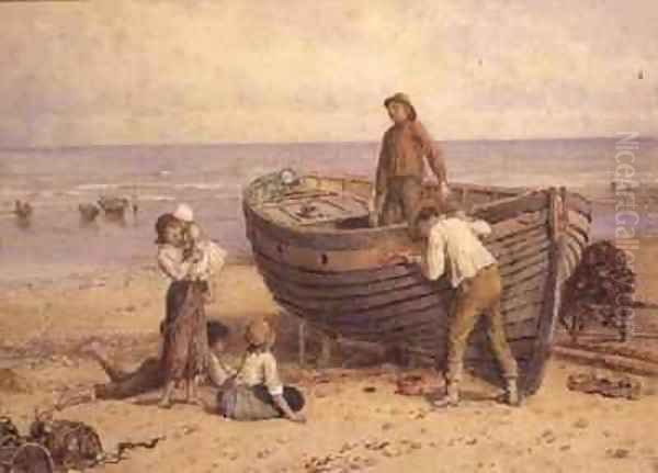 Boat figures and sea Oil Painting by Myles Birket Foster