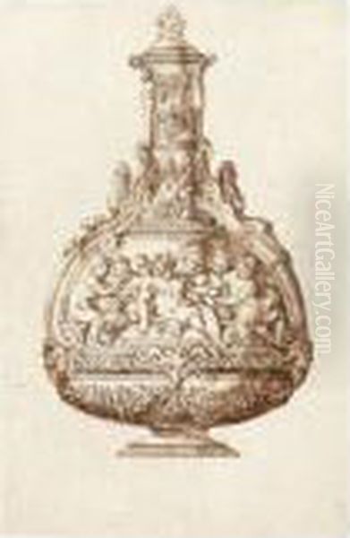 Design For A Flask With The Drunken Bacchus Supported Byputti Oil Painting by Jacopo Strada