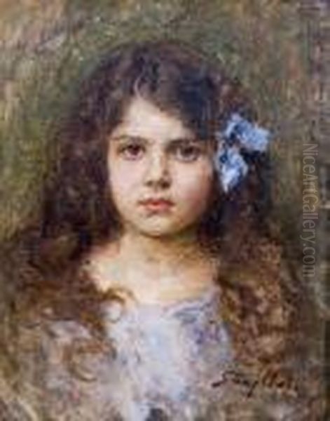 Ritratto Di Bambina Con Fiocco Azzurro Nei Capelli Oil Painting by Carlo Stragliati