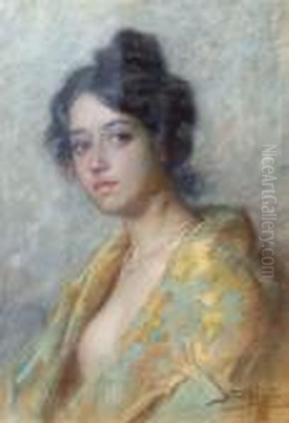 Portrait Of A Young Lady With A String Of Pearls Oil Painting by Carlo Stragliati