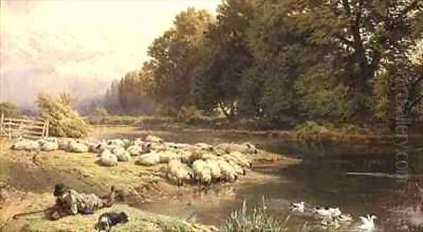 Shepherd and his Flock by a River Oil Painting by Myles Birket Foster