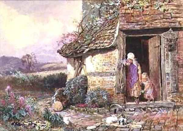 At the Cottage Door Oil Painting by Myles Birket Foster