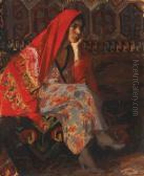 The Red Scarf Oil Painting by Ipolit Strambu