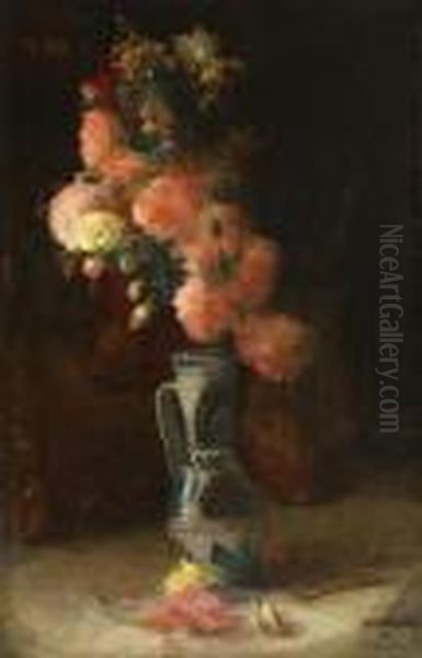 Vase With Chrysanthemums And Roses Oil Painting by Ipolit Strambu