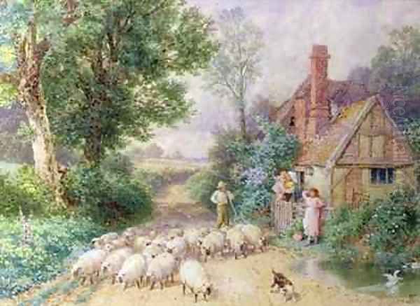 Shepherd and his flock passing a country cottage Oil Painting by Myles Birket Foster